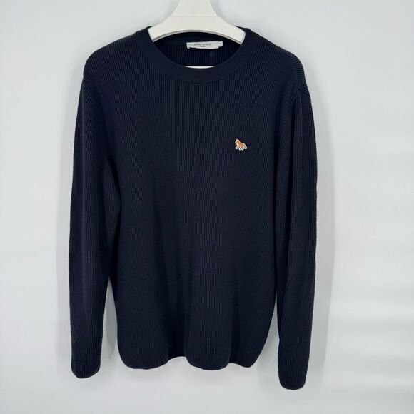 MAISON KITSUNE Baby Fox Patch Loose Pullover Sweater in Navy Wool Cotton Small - Picture 2 of 7